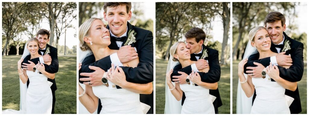 groom hugging and kissing bride at chagrin valley country club wedding day