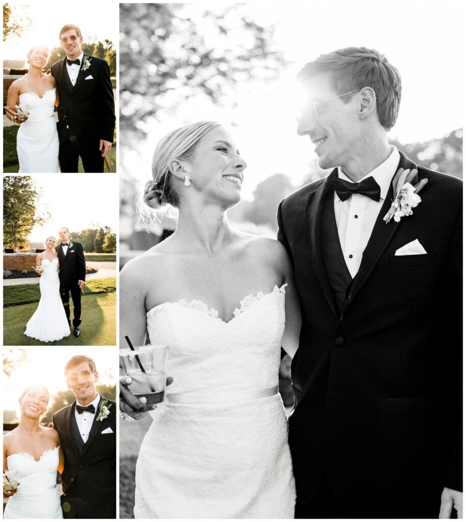 bride and groom posing at sunset at chagrin valley country club captured by three and eight photography