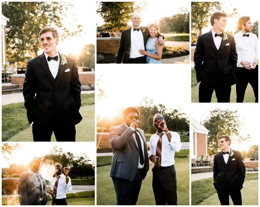 groom and guests posing at sunset at chagrin valley country club