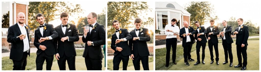 groom posing with groomsmen looking at watches at country club wedding