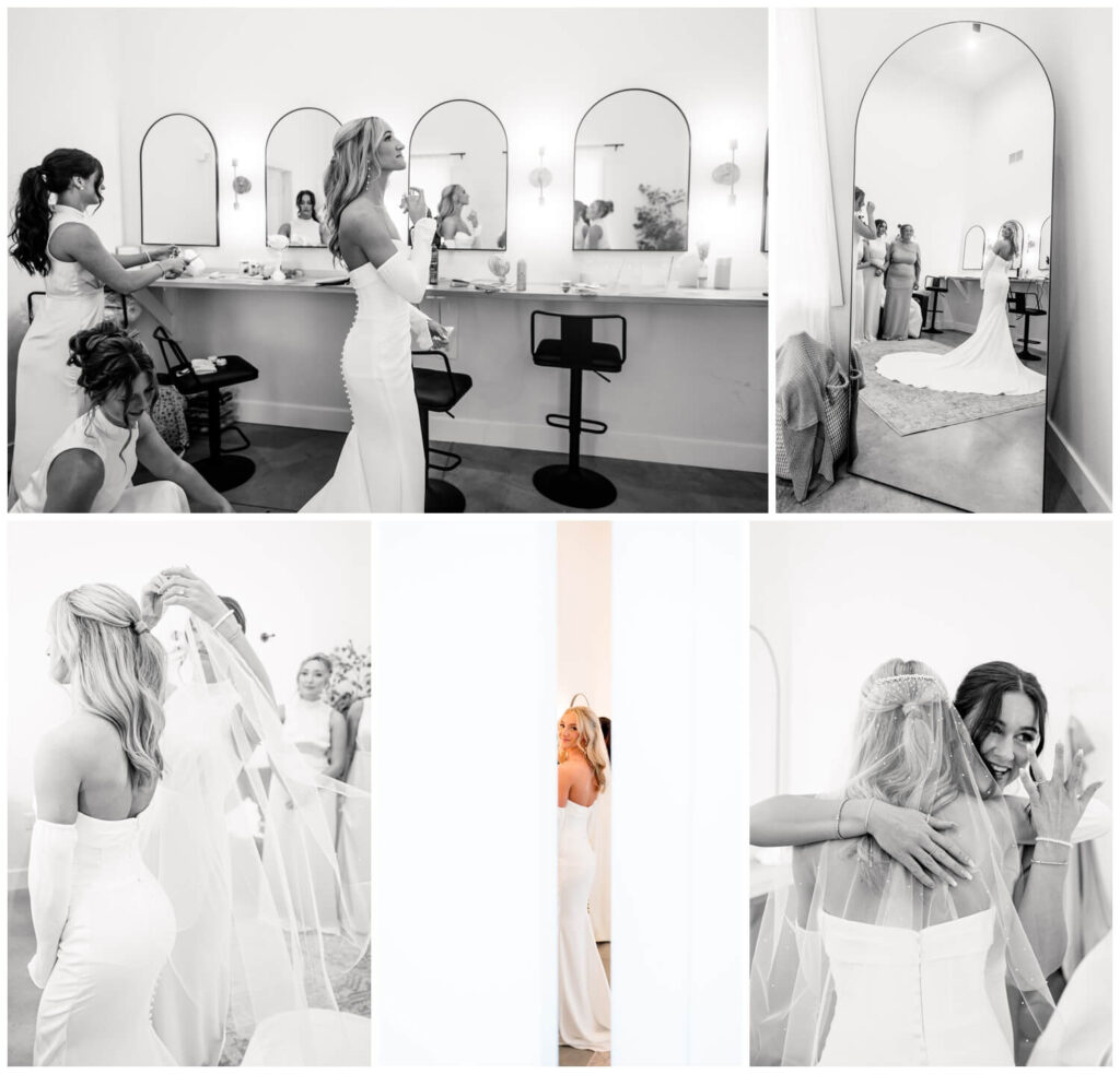 black and white photos of bride and bridesmaids getting ready at the wellspring