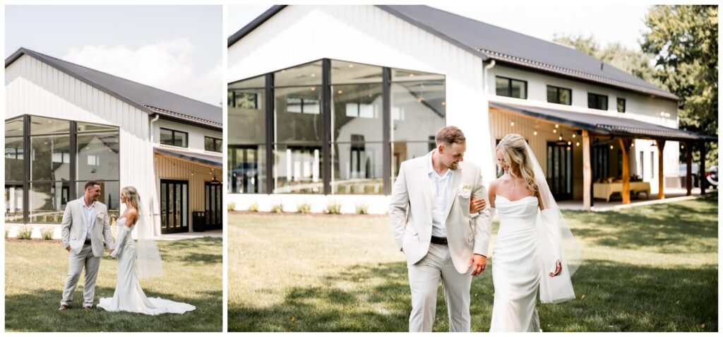 bride and groom walking on grass at the wellspring in wooster ohio