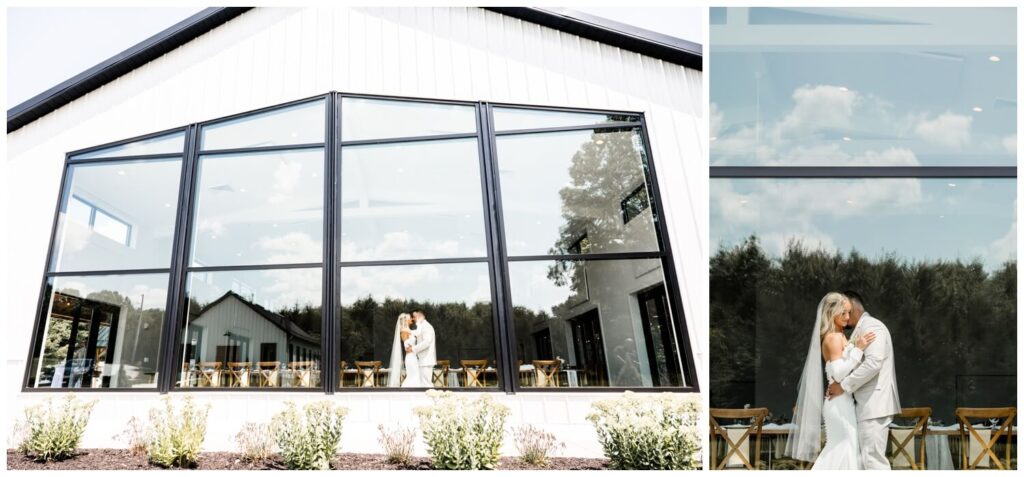 bride and groom hugging in the window at the wellspring in wooster ohio