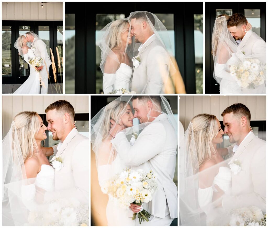 bride and groom hugging under veil on wedding day at the wellspring