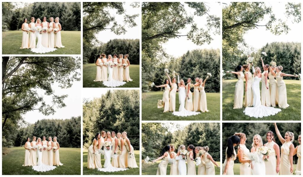 bride posing with bridesmaids on the grass outside of the wellspring in wooster