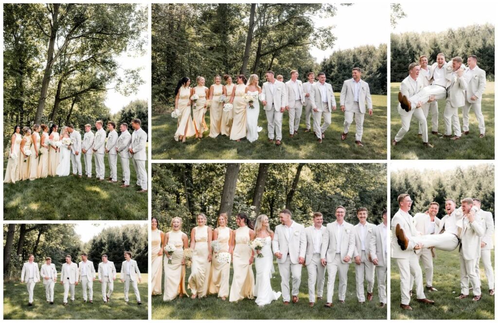 bride and groom walking with bridal party outside of the wellspring wedding venue