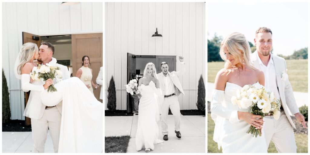 bride and groom walking out of wedding ceremony in wooster