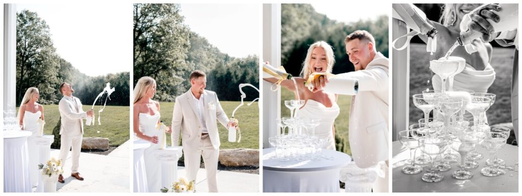 bride and groom popping champagne and filling champagne tower on wedding day