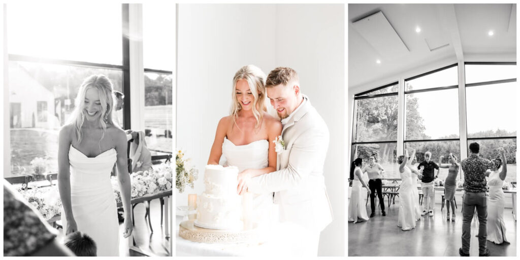 bride and groom cutting cake and laughing on wedding day