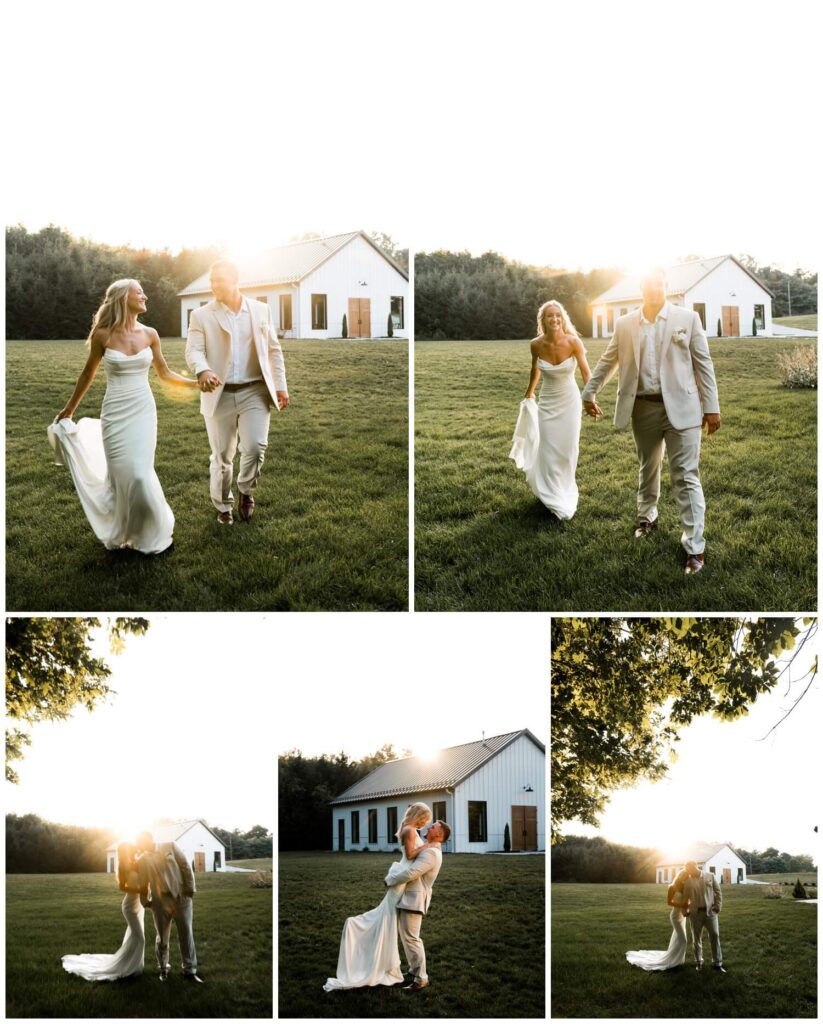 bride and groom walking and posing at sunset at the wellspring in wooster