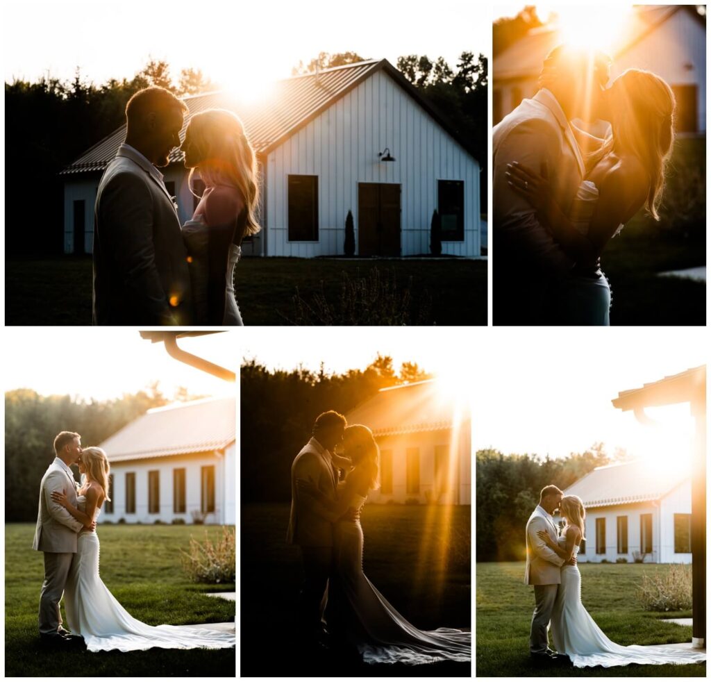 bride and groom kissing at sunset at the wellspring