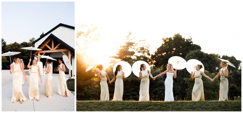 bride and bridesmaids posing with parasols at sunset on hill