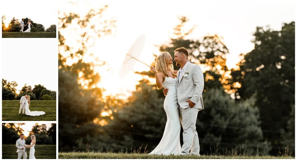 bride and groom posing and laughing at sunset on wedding day in wooster ohio