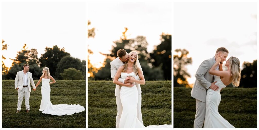 bride and groom hugging on grass at sunset in wooster ohio