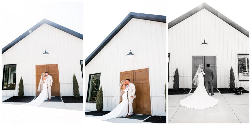 photos in front of the chapel at the wellspring in wooster ohio on wedding day